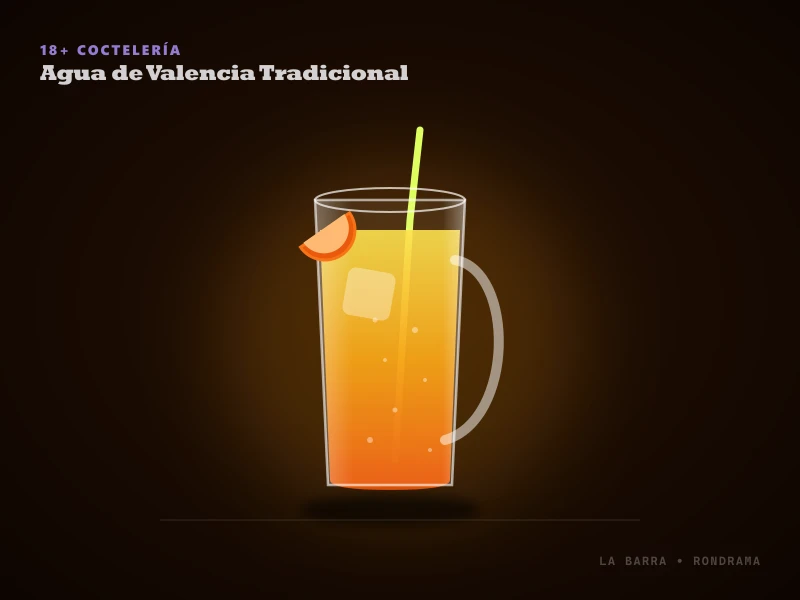 Presentación de Agua de Valencia Tradicional servido en Copa de cóctel ancha o copa de vino