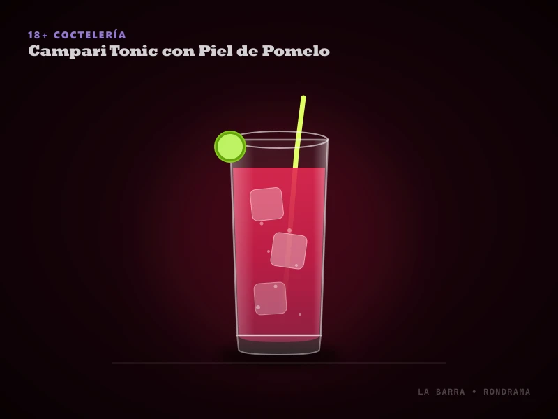 Presentación de Campari Tonic con Piel de Pomelo servido en Vaso Highball alto o Copa Balón