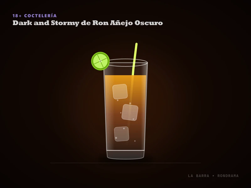 Presentación de Dark and Stormy de Ron Añejo Oscuro servido en Vaso alto Highball transparente