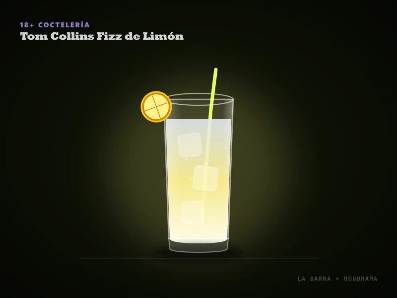Presentación de Tom Collins Fizz de Limón servido en Vaso Collins cilíndrico alto