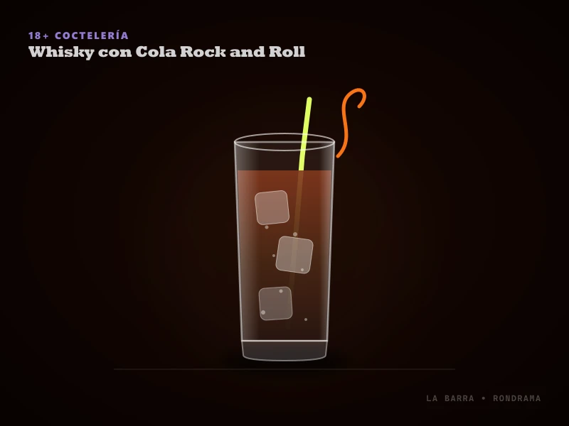Presentación de Whisky con Cola Rock & Roll servido en Vaso alto Highball o vaso Old Fashioned